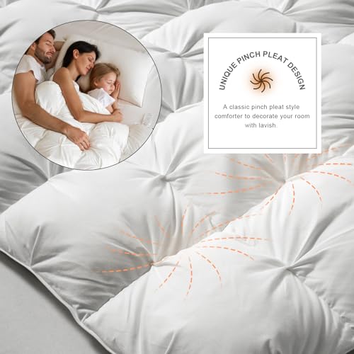 Image of Royoliving Premium Feathers Down Duvet Insert Pinch Pleat Comforter 100% Cotton Cover Duvet Insert with Corner Tabs (White Twisted Flower, Queen All Season)