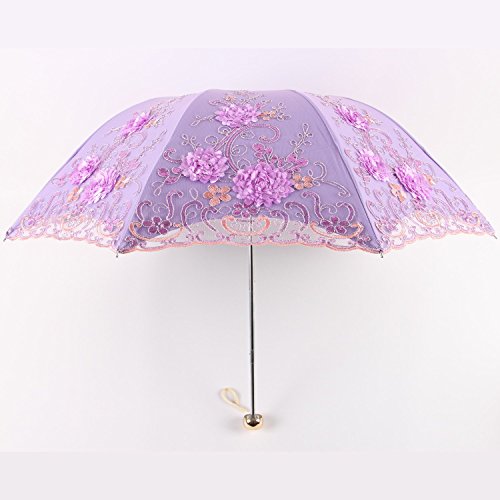 Honeystore Vintage Lace UV Sun Parasol Folding 3D Flower Embroidery Umbrella H1620 Purple - Thumbnail 3