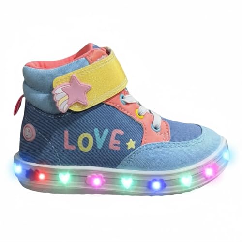 Catálogo para Comprar On-line Tenis de Foquitos los más recomendados. 46 Tenis Bota Para Niña Azul Mezclilla/Rosa Con Estrella, Nubes y Corazones, Cierre de Contacto, Textil Urbano con protección en la Punta Rapunzel (Mezclilla, Sistema tallas calzado...