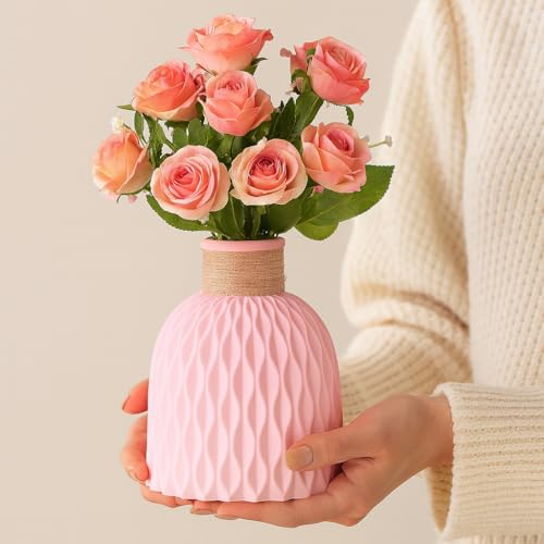 Image of Plastic Pineapple Shape Decorative Vase with Jute Rope Top | Ceramic Look, Unbreakable Flower Pot for Centre Table, Balcony & Living Room Decor | Only Vase (No Flower) (Pink)