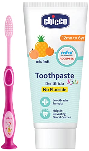 Image of Chicco Toothpaste Mix fruit 1-6Y NO Flouride (50G) with Toothbrush 3Y-6Y Pink