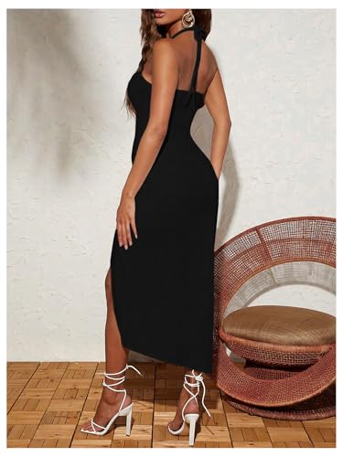 Image of SOLY HUX Women's Cut Out Ruched Halter Dress High Split Drawstring Bodycon Maxi Vacation Dresses