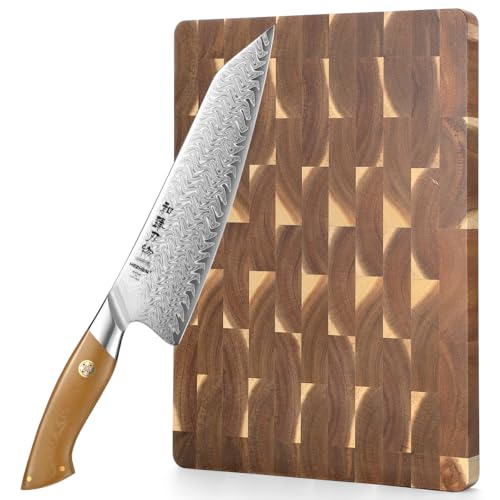 HEZHEN Cuchillo de Chef Damasco,Cuchillo de Cocina de Acero Damasco de 67 Capas con Tabla de Cortar de Madera de Acacia