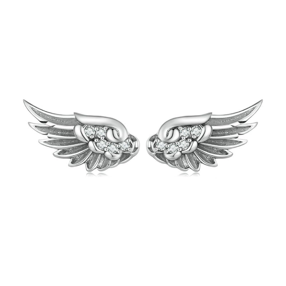 Angel Wings Stud Earrings 925 Sterling Silver for Women Girls CZ Crystal Vintage Feather Cartilage Earrings Tragus Studs Statement Hypoallergenic Jewelry Gifts Birthday mom