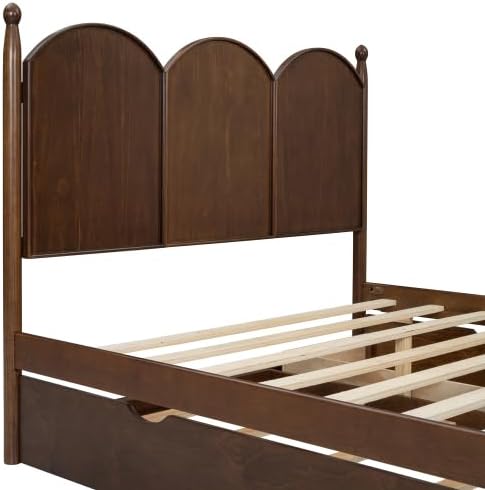 Bellemave Queen Size Platform Bed with 2 Drawers & Trundle, Wood Queen Bed Frame with Curved Headboard & 4 Rounded Pillars (Walnut/Classic)