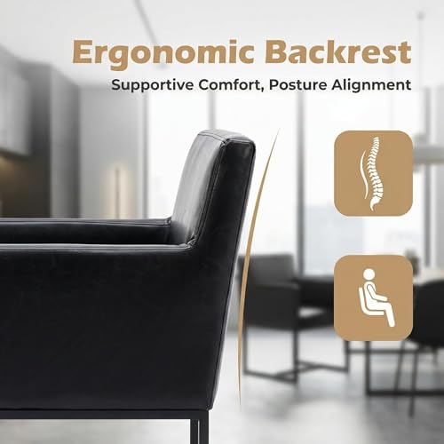 Image of HNY Mid Century Modern Upholstered Dining Chairs with Arms Set of 4, Faux Leather Accent Chairs with Black Finish Metal Frame, 19 inch Wide Arm Chairs for Living Room Kitchen Bedroom, Black