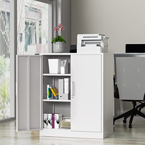 Afaif Metal Storage Cabinets With Locking Doors, Lockable Steel Storage Cabinet With 2 Adjustable Shelves, White Side Cabinets Small Metal Cabinet For Home, Office, Garage And Utility Room, Hallway #TOP6