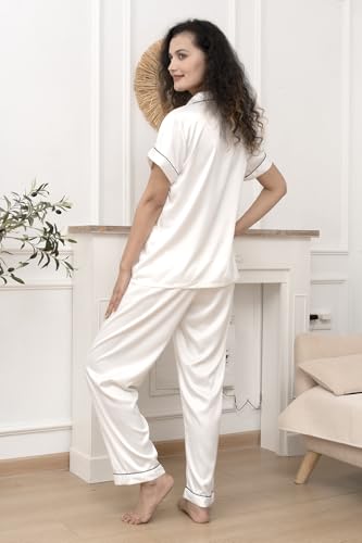 Image of WJing Yi Jia Womens Pajamas Set XS-4XL Floral Silk Satin Pajama Sets Silky Pj Sets 2Pcs Loungewear Sleepwear Button Down Pjs
