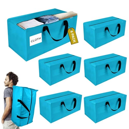 6 Pack Extra Large Moving Bags with Zippers, Backpack Straps & Reinforced Handles, Heavy Duty Storage Bags for Clothes, Moving, Space Saving, Blue