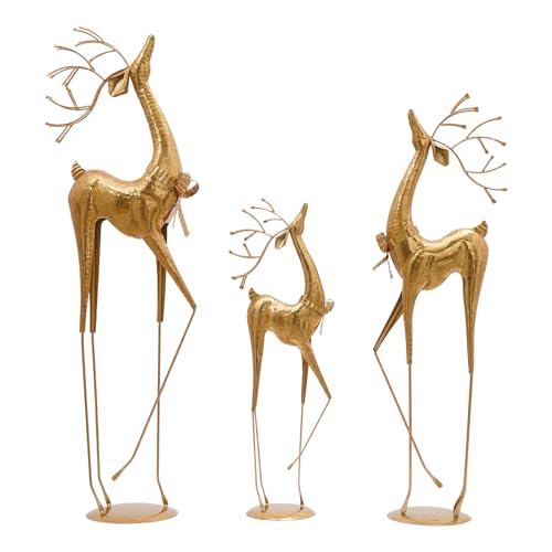 Vintage Gold Reindeer Statue Set of 3 Large Christmas Decoration Indoor Reindeer Statues 3 PCS Metal Animal Crafts Home Decoration 41.7 Inch, 35.4 Inch, 26.8 Inch