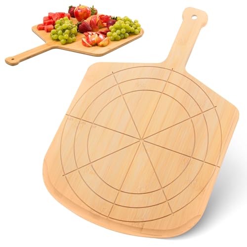 Image of Wooden Pizza Peel 12 Inch Board with Engraved Sizes - Multi-Purpose Bamboo Pizza Cutting Board, Wood Pizza Peel, Pizza Spatula Paddle, and Serving Board with Size and Cutting Guide