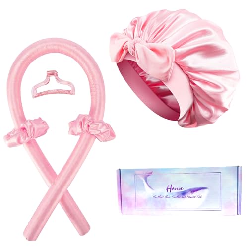 Hroevc No Heat Overnight Curls with Double Layer Satin Bonnet - Soft Hair Curlers to Sleep In, heatless Curling Rods Set + Silk Bonnet for Women & Girls Long Hair, Heatless Waves & Volume (Pink)