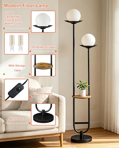 Image of Lightdot 63IN Black Floor Lamp with U Pole, 2 Globe Mid Century Standing Lamps Dimmable with 3000K Warm White LED Bulbs, Unique Vintage Tall Floor Lamp for Living Room /Wedding /Party