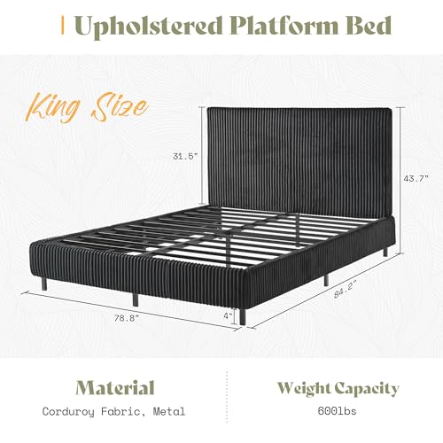 Image of AMERLIFE King Bed Frame, Upholstered Metal Platform Bed with Vertical Channel Tufted Headboard, Soft Fabric & Strong Metal Slats, Noise-Free /Easy Assembly, Black King Upholstered Bed and Headboard