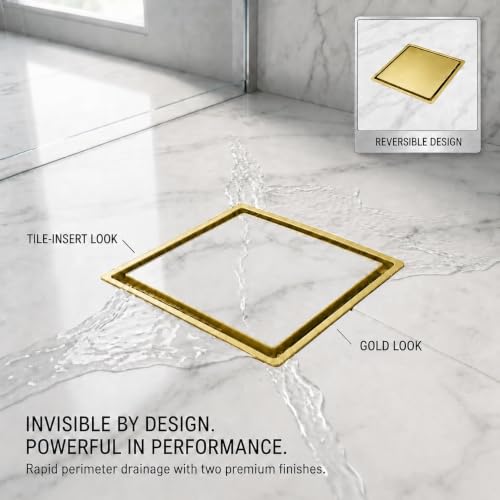 Image of Tapsa Tile Insert Floor Drain | 304 Stainless Steel | Invisible Shower Drain Channel | Shower Drain Channel |Water Drain Channel| Floor Drain with Cockroach Trap | Anti-Rust. (Gold, 5X5)