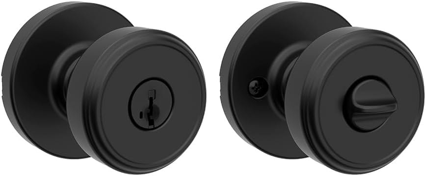 Image of Kwikset Maven Entry Door Knob with Lock and Key, Secure Keyed Handle Exterior, Front Entrance and Bedroom, Matte Black, Pick Resistant SmartKey Rekey Security and Microban (Pack of 10)