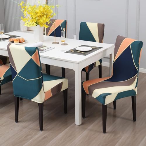 Image of Stretchable Dining Chair Cover - Washable, Removable, Anti-Slip, Protector, Universal Fit (Set of 6, Multicolor Abstract)