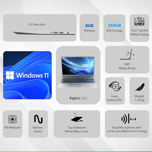Image of acer Aspire Lite, AMD Ryzen 3-5300U, 8 GB RAM, 512 GB SSD, Full HD 15.6 inch /39.62 cm, Windows 11 Home, Steel Gray, 1.59 KG, AL15-41, Premium Laptop