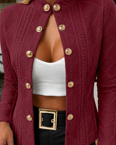 Image of CHICME Women's Argyle Cable Knit Cropped Jacket | Metal Button Front, Stand Collar Detail, Lightweight Cardigan Style, Long Sleeve Design, Fall Layering, Casual Office Wear