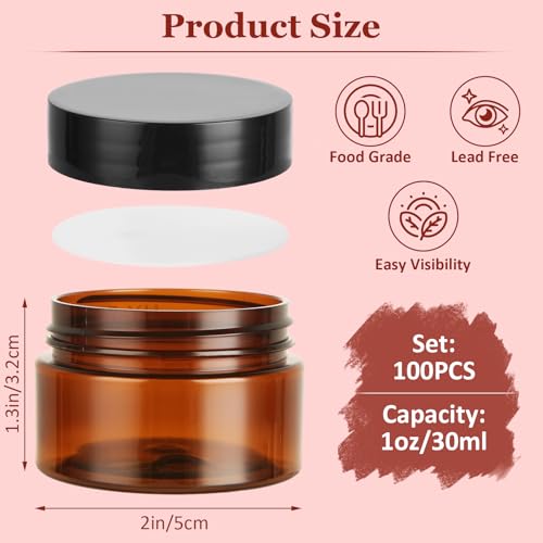100 Pack 1oz Amber Plastic Jars with Lids, Round Cosmetic Jars Refillable Makeup Containers for Cream, Lotion, Powder, ointment, Beauty Products etc2