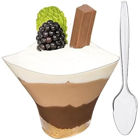 DLux 50 x 5.5 oz Mini Dessert Cups with Spoons, Large Swirl - Clear Plastic Parfait Appetizer Cup - Small Reusable Serving Bowl for Tasting Party Desserts Appetizers Cover