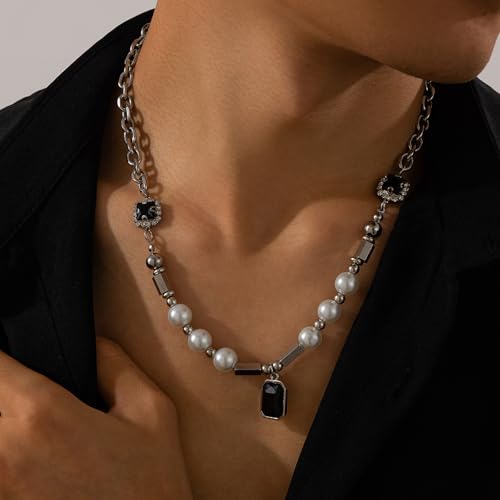 Collier hommes imitation perle ras du cou punk carré TABOJS - 4
