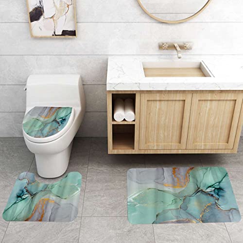 3-teilig Badematten Set, 3D Digitaldruck Marmor Badteppich Sets rutschfest Badvorleger Grün Waschbar U-Förmiger…