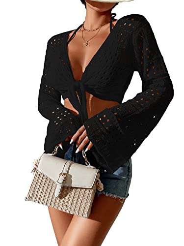 SOLY HUX Women's Deep V Neck Tie Front Hollow Out Long Sleeve Beach Swimsuit Bikini Cover Up Top