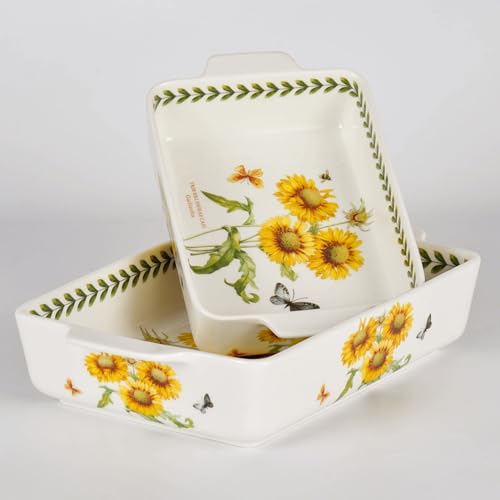 Cabilon Ceramic Bakeware Set, Floral Pattern Casserole Dishes With Handles, 13X8 And 10.4X6.5 Inches, Oven Safe Roasting Pans (Sunflower)
