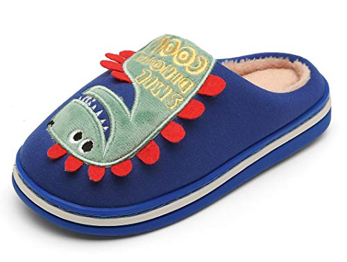SEEROL Boys Girls Warm House Slippers Kids Soft Fur Lined Winter Home Slippers Cute and Cozy Plush Anti-Slip Indoor Dinosaur Shoes Blue
