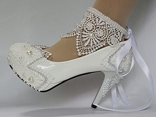 Women's Lace Bridal Round Toe High heel Shoes Ribbon Dress Party pumps with Rhinestone Shoes3