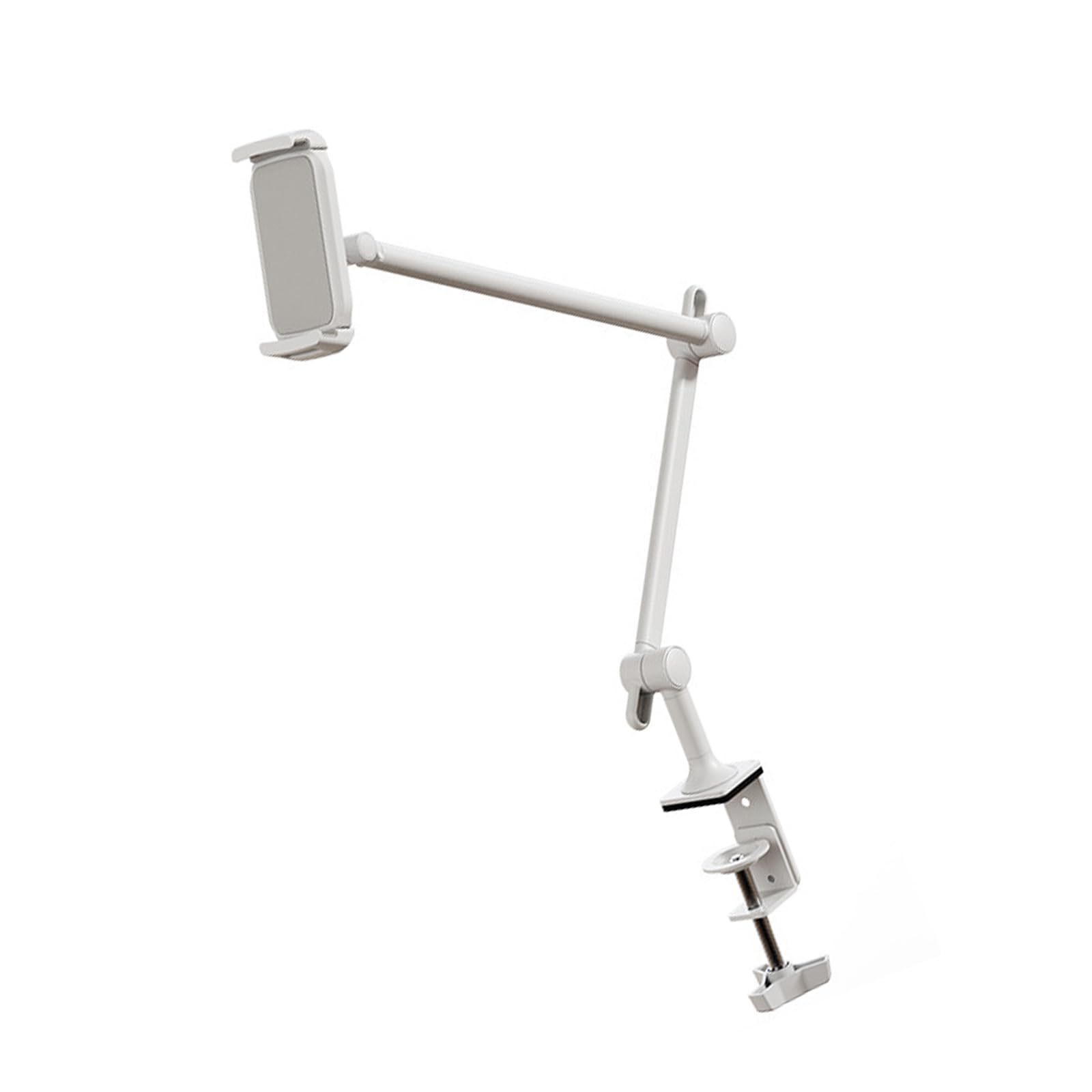 Soporte para tabletas de múltiples posiciones, base de metal resistente, dos brazos articulados para transmitir videollamadas, soporte ajustable para tabletas con abrazadera de mesa