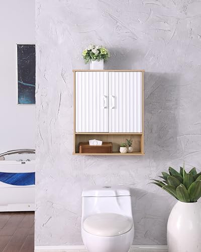 Bathroom-Wall-Cabinet-with-2-DoorMedicine-Cabinet-with-Open-Storage-Adjustable-ShelfOver-The-Toilet-Storage-Cabinets-for-BathroomLaundry-Room-KitchenWhite Bathroom Wall Cabinet with 2 DoorMedicine Cabinet with Open Storage Adjustable ShelfOver The Toilet Storage Cabinets for BathroomLaundry Room KitchenWhite