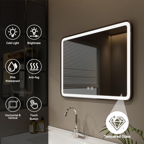 Warmiehomy Bathroom Mirror with LED Lights,50x70cm Rectangular LED Illuminated Bathroom Mirror with Dimmable Light Demister Pad Touch Switch,Black - Cosy Home Interiors Warmiehomy Bathroom Mirror with LED Lights,50x70cm Rectangular LED Illuminated Bathroom Mirror with Dimmable Light Demister Pad Touch Switch,Black - Image 2