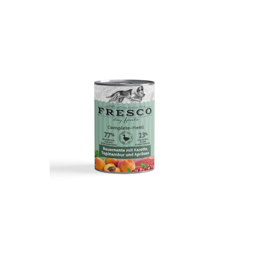 Fresco Complete-Menü Bauernente mit Kartoffeln, Tobinambur und Aprikose | 12er Pack | 12 x 400 g | Nassbarf für Hunde | Wichtige Proteine & Eiweiß | Aus reinem Muskelfleisch