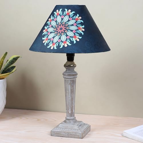 Image of tu casa Hand Carved Equine Wooden Base Bedside Table Lamp With French Floral Print With Satin Shade For Home Decoration Bedroom Living Room Lounge Office Festival Gifting Study Table H - 15 inch / No Blub