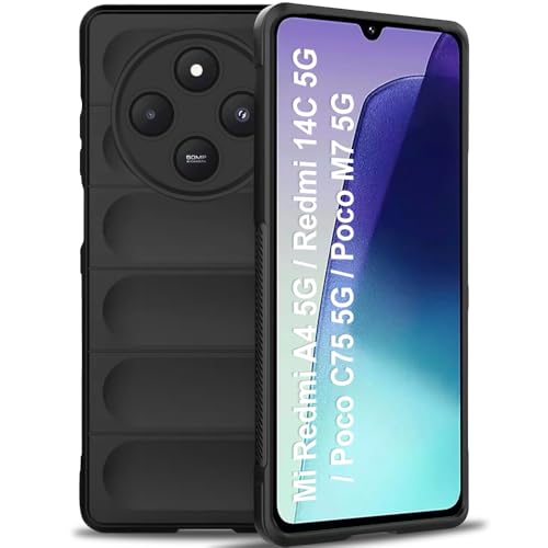 Image of TheGiftKart Liquid Silicon Back Cover Case for Mi Redmi A4 5G / 14C / Poco C75 / M7 | Shockproof Military Grade Protection | Micro-Fibre Cloth on Inner Side | Anti-Slip Grip Case (TPU, Black)