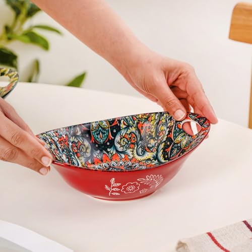 Image of Nestasia Mandala Ceramic Serving Bowl with Handles (400 ml) - Microwave & Dishwasher Safe Pasta Bowl | Floral Bowl with Glossy Finish - Ideal for Soup, Curries, Snacks, Salad & Noodles (Red)