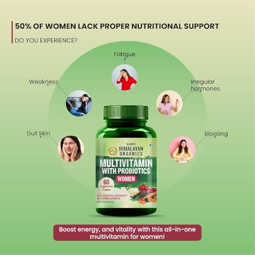 Vlado’s Himalayan Organics Multivitamin With Probiotics Supplement For Women With 60+ Essential Ingredients | Multiminerals For Immunity and Energy, Hair, Skin & Bone Support - 60 Veg Tablets