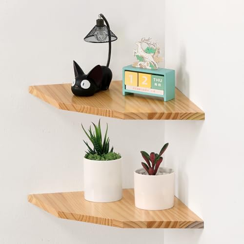 Wood Corner Wall Shelves Set of 2, Solid Wood Corner Floating Shelves, Round End Wall Mounted Floating Corner Shelf for Bedroom, Living Room and Kitchen (12 inch)