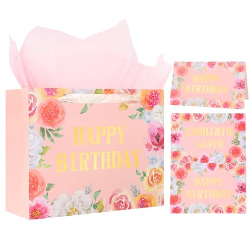 FengRise Pearl Pink Happy Birthday Gift Bag with Tissue Paper and Greeting Card-1Pcs 13" Happy Birthday Gift Bag Kit for Women Girls with gold stamping