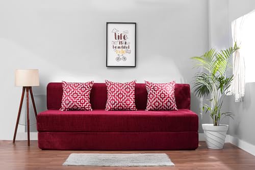 Image of Convertible Fabric Sofa Cum Bed | Foldable Double Foam & Washable Cover with Cushions | Modern Design Use Living Room & Guest Room (Maroon-Multi-Square, 6X6 Ft)