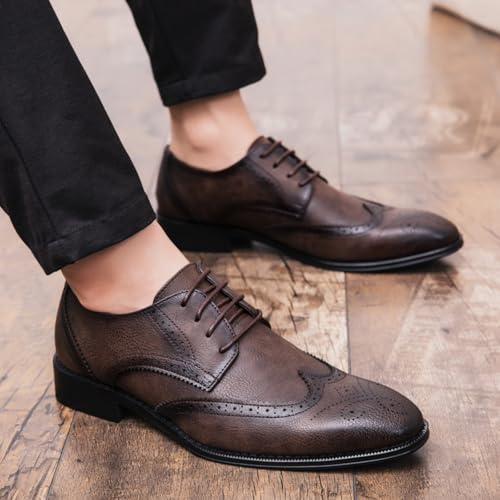 Men’s Classic-Modern Oxfords - Full Grain Leather, Two-Tone Design, 1/inch Perforated Brogues, Welted - Wingtip Lace-Ups for Formal/Uniform/Casual3