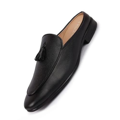 Image of FAUSTO Men's Back Open Tassle Leather Slip On Shoes for Outdoor|Evening|Festive|Occasions|Comfort|Lightweight with TPR Sole (6-13 UK)