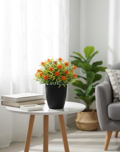 Image of Foliyaj Artificial Plant with Orange Flowers in Black Pot | Plants for Home Decor with Pot | Indoor Plants for Living Room
