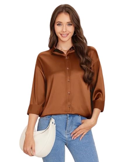 Image of Bowrain Satin Silk Fabric Spread Collar Full Sleeve Top Shirt for Women and Girl