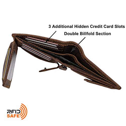 Mens Full Size Large Capacity Genuine Full Grain Leather Wallet Bifold Flip ID Coin & Zip Pockets RFID Blocking Anti-Theft (Bugatti Tan) 6