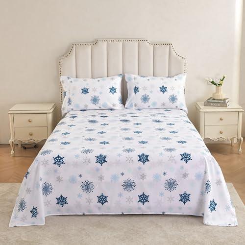 Image of Mooreeke Christmas Holiday Full Sheets, Snowflake Printed Full Bed Sheet Set with Deep Pocket Non-Slip Fitted Winter Sheet
