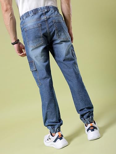 Image of The Indian Garage Co Men Regular Fit Solid Mid-Rise Stretchable Denim Cargo Joggers