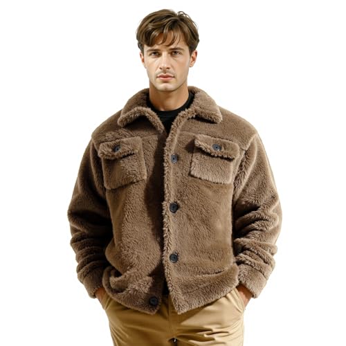 Image of GINGTTO Mens Furry Button-Up Jacket 4 Pockets Fluffy Coat For Men